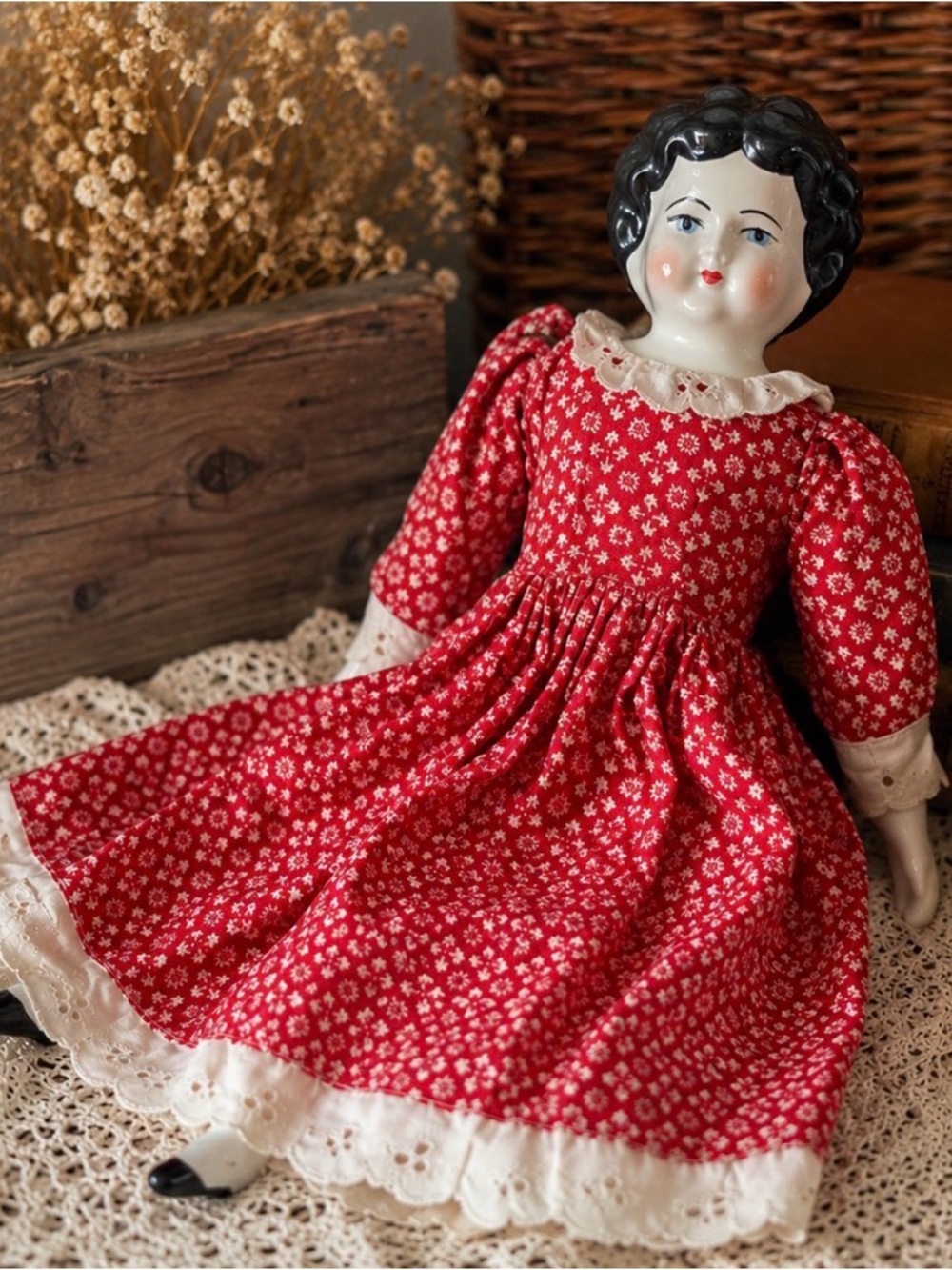 Cloth & Porcelain Doll - Red Floral - Vintage